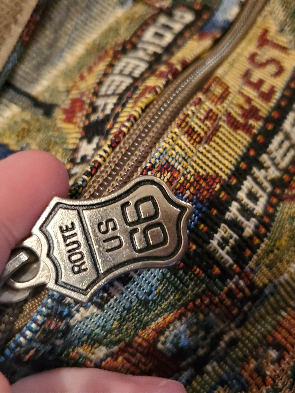 Vtg JADE Route 66 Themed Tapestry Canvas Travel Shoulder Tote Bag & Coin Purse - Picture 6 of 9